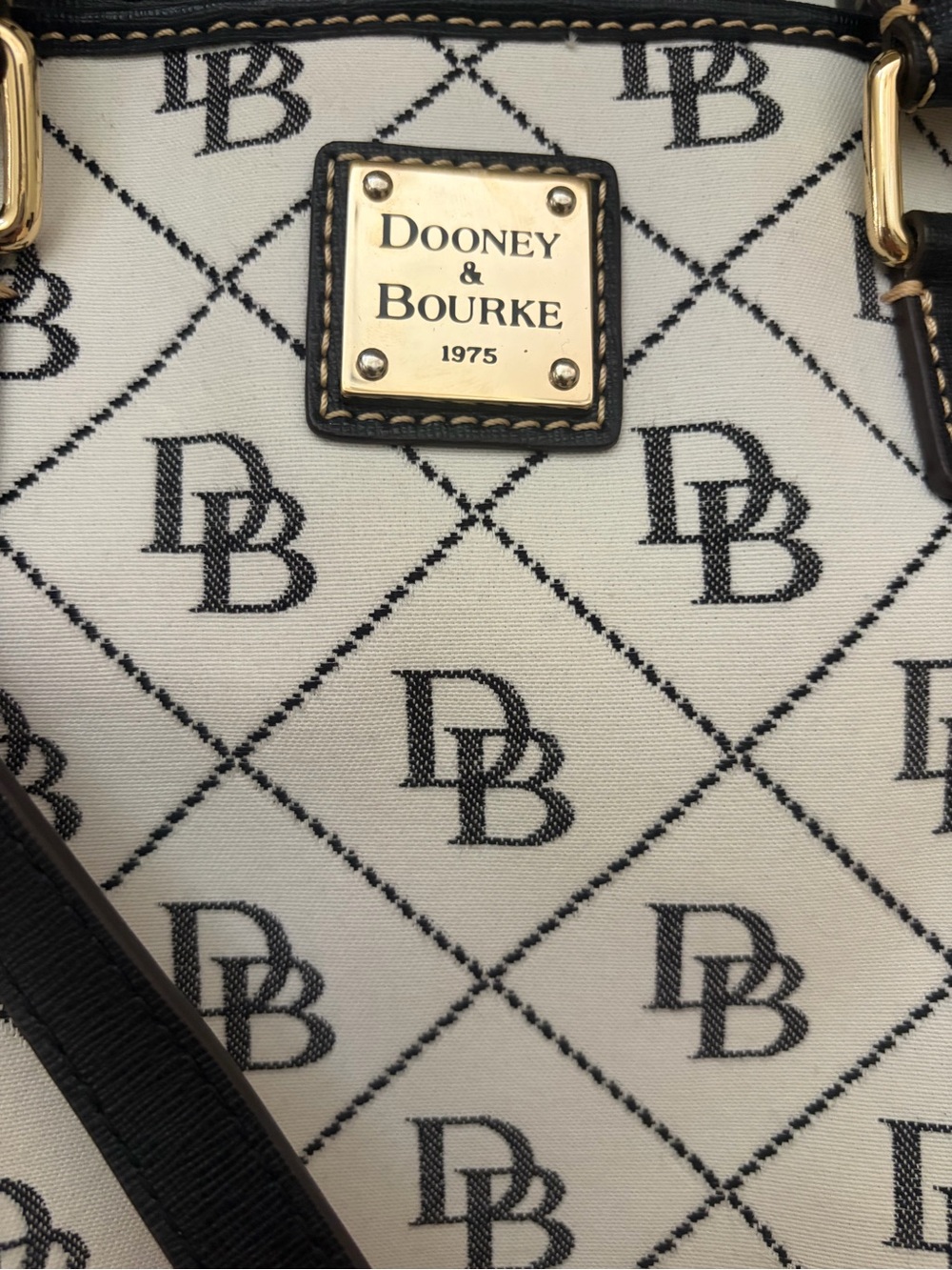 Dooney & Bourke White & Black Signature Logo Shoulder Bag with Gold Plate